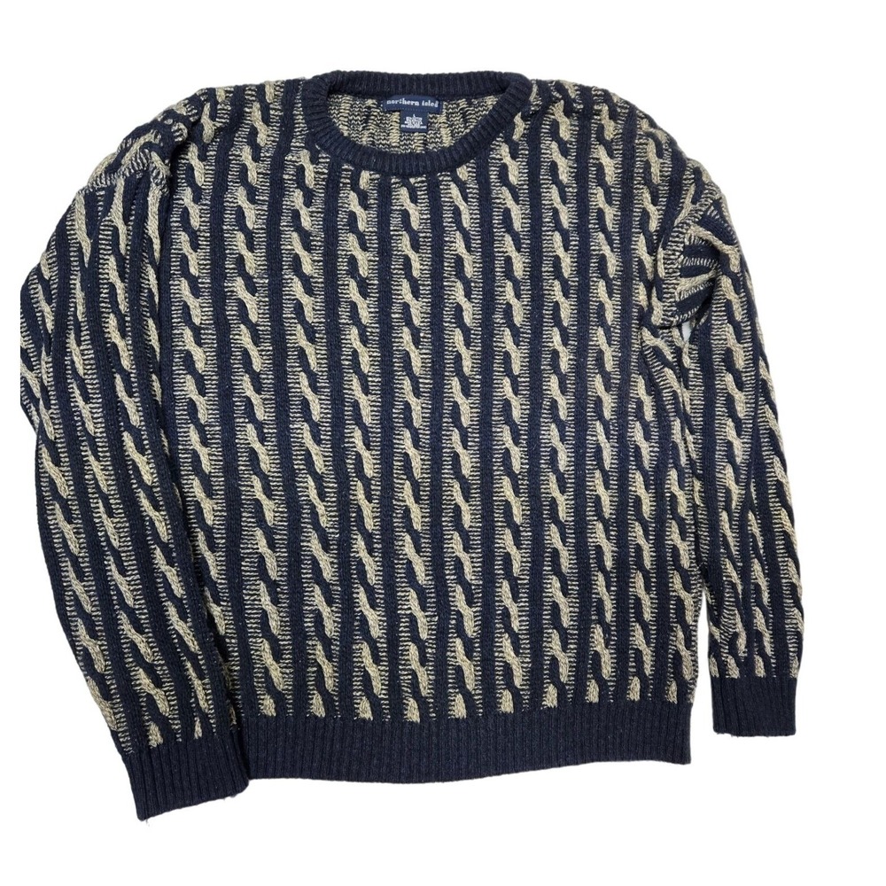 Northern Isles Mens‎ Cable Knit Sweater Large Striped Blue Tan Cotton Blend